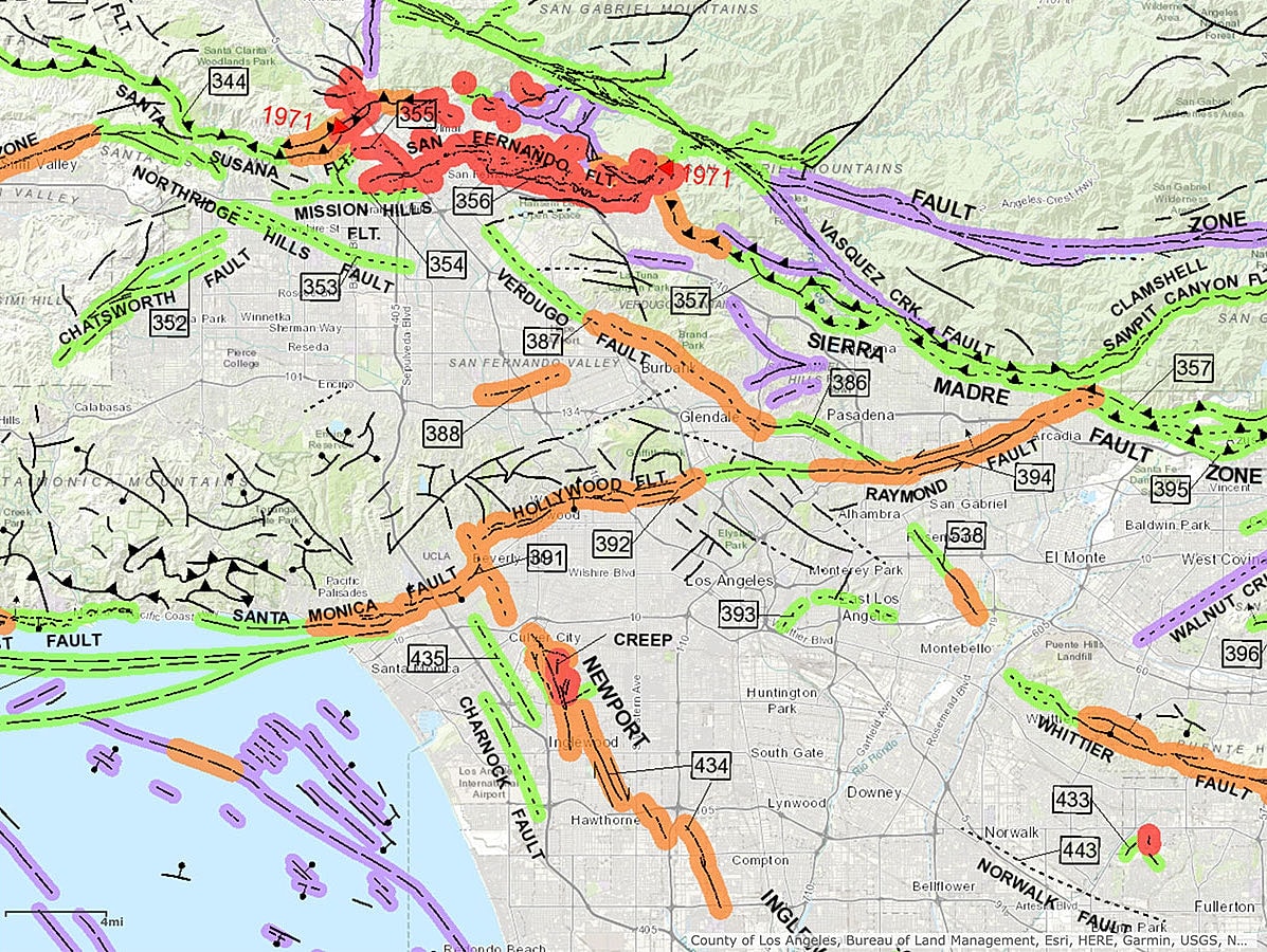 Map of faults in the Los Angeles area.