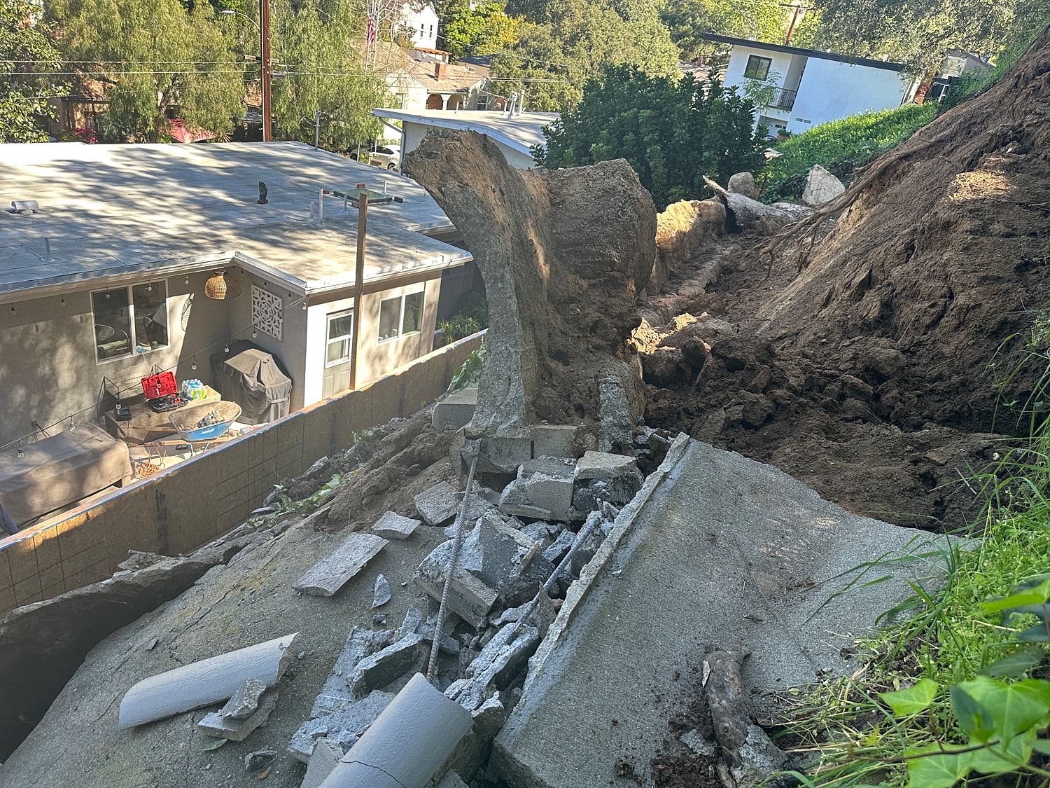 Landslide damages property and surrounding landscape.