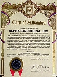 Certificate of recognition for Alpha Structural, Inc.