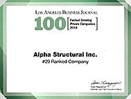 Award certificate for Alpha Structural Inc. 2018.