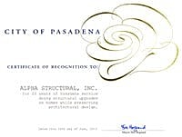 Certificate of recognition for Alpha Structural, Inc.