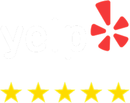 Yelp logo with five-star ratings.